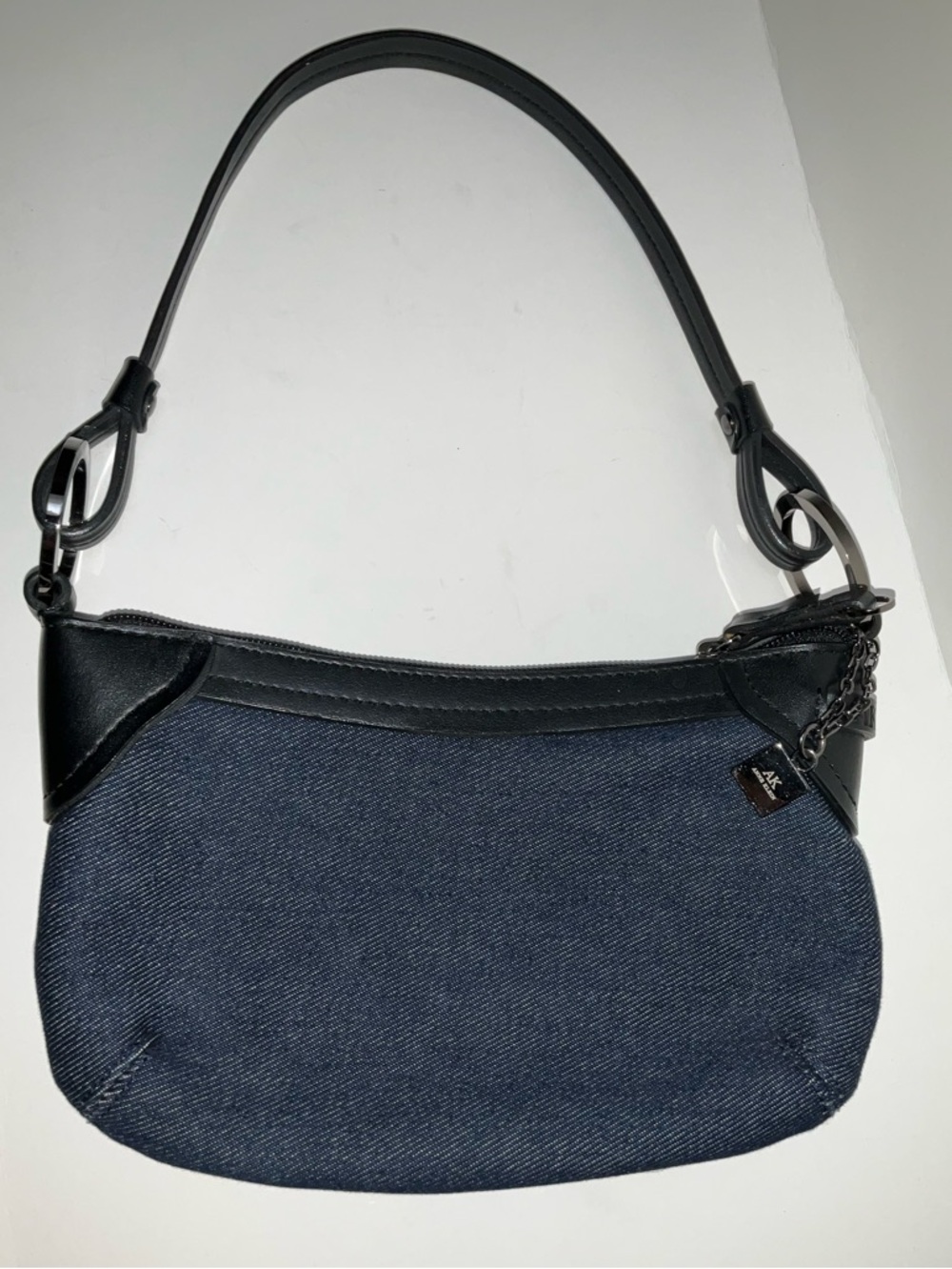 AK Anne Klein Denim Mini Handbag Small Purse Navy Shoulder Bag w/Black Trim